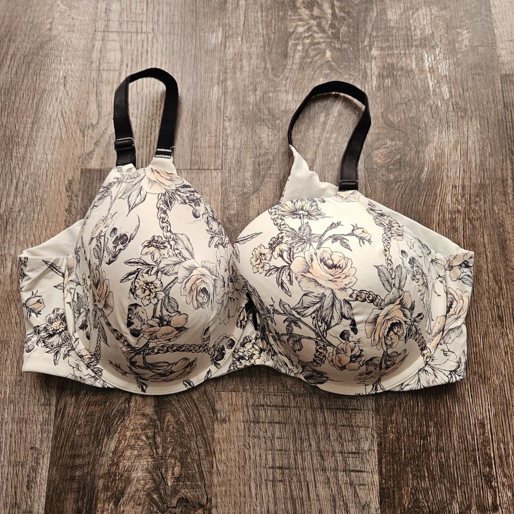 44D White Skull Floral 360 Back Smoothing T-Shirt Bra - Picture 1 of 3
